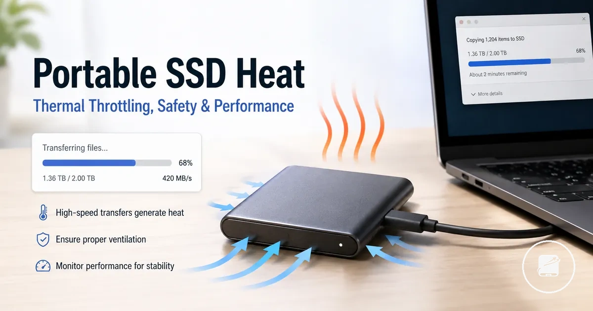 Portable SSD on a desk during heavy file transfer with heat and airflow context