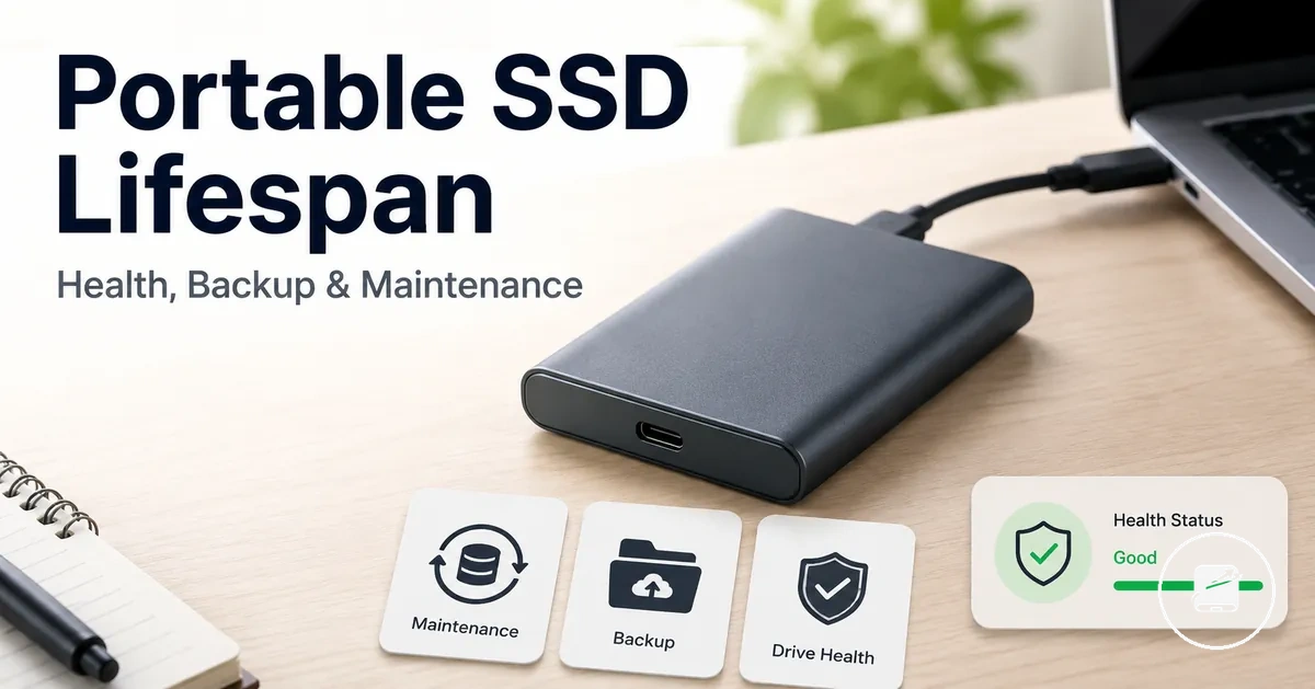 Portable SSD on a desk with maintenance, backup, and drive health context
