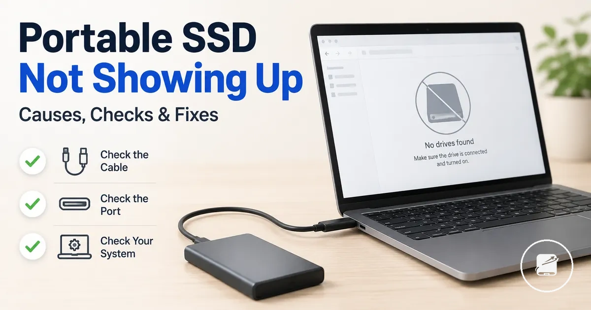 Portable SSD connected to a laptop while the drive is not appearing on screen