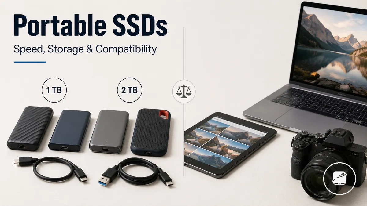 Portable SSDs shown with cables, storage capacity labels, and compatible devices