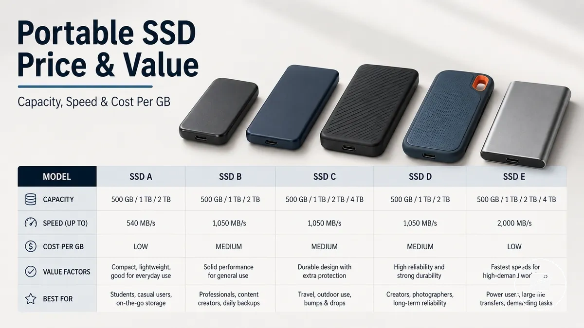 Portable SSDs compared by storage capacity, speed rating, and value factors