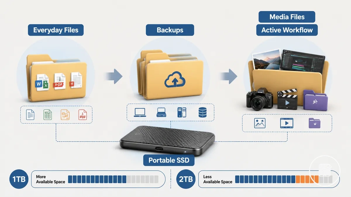 Portable SSD capacity ranges shown with file, backup, and workflow labels