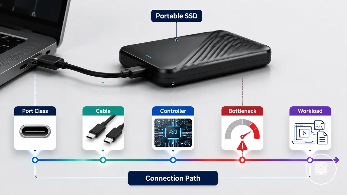 Diagram of portable SSD cable and port path affecting read and write speed