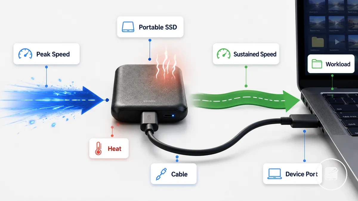 Portable SSD interface speed and sustained performance shown with cable, port, and transfer workload cues