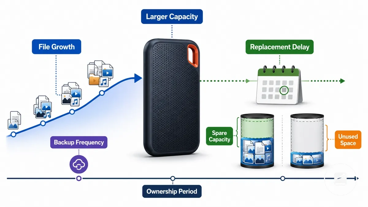 Diagram showing larger portable SSD capacity reducing replacement pressure when storage needs grow