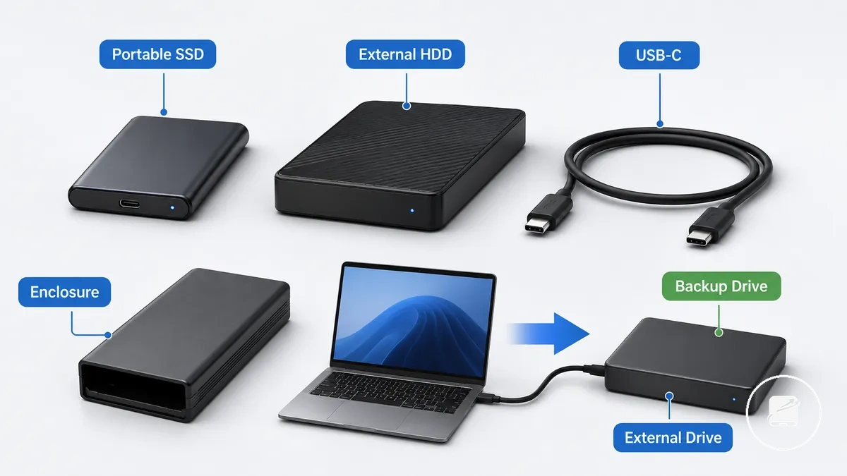 External storage terms labeled on portable SSD, external hard drive, and USB cable