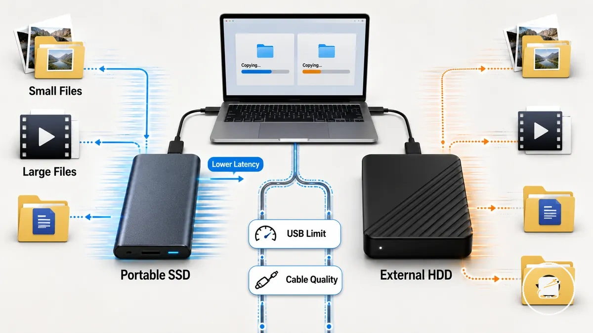Comparison of portable SSD and external hard drive performance during everyday file transfers