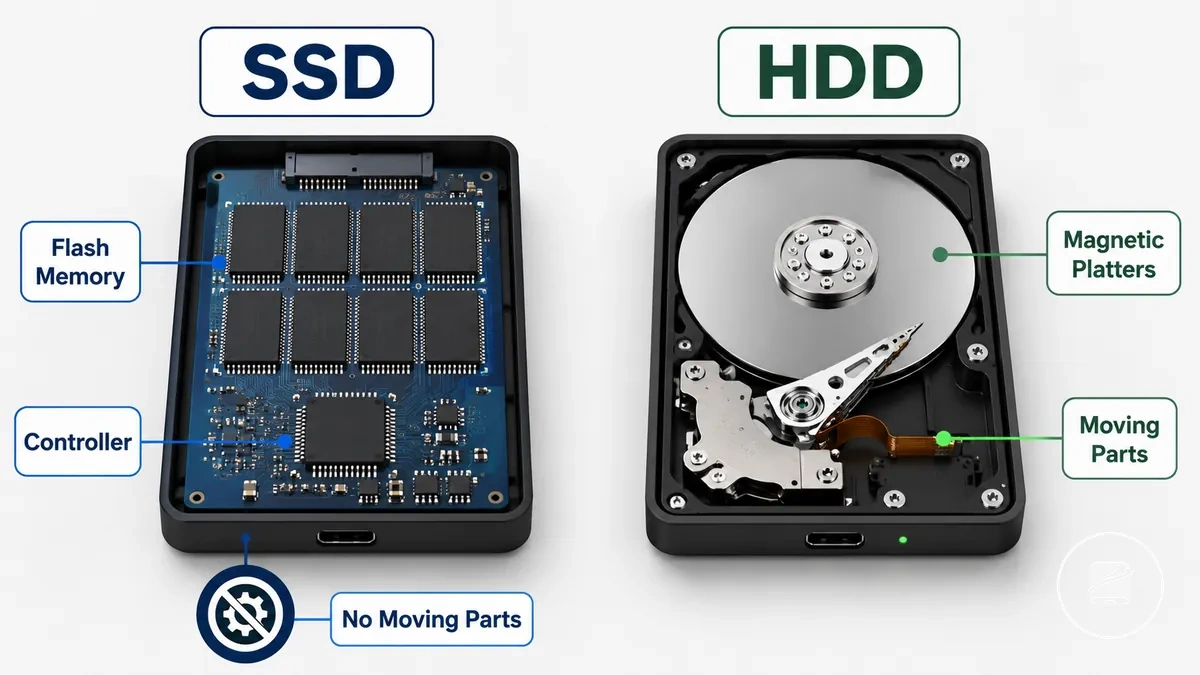 Diagram comparing SSD flash storage and HDD spinning platter mechanisms