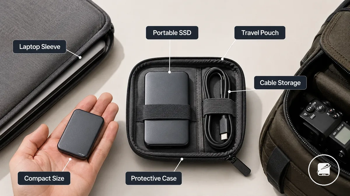 Compact portable SSD packed with cable in a travel pouch
