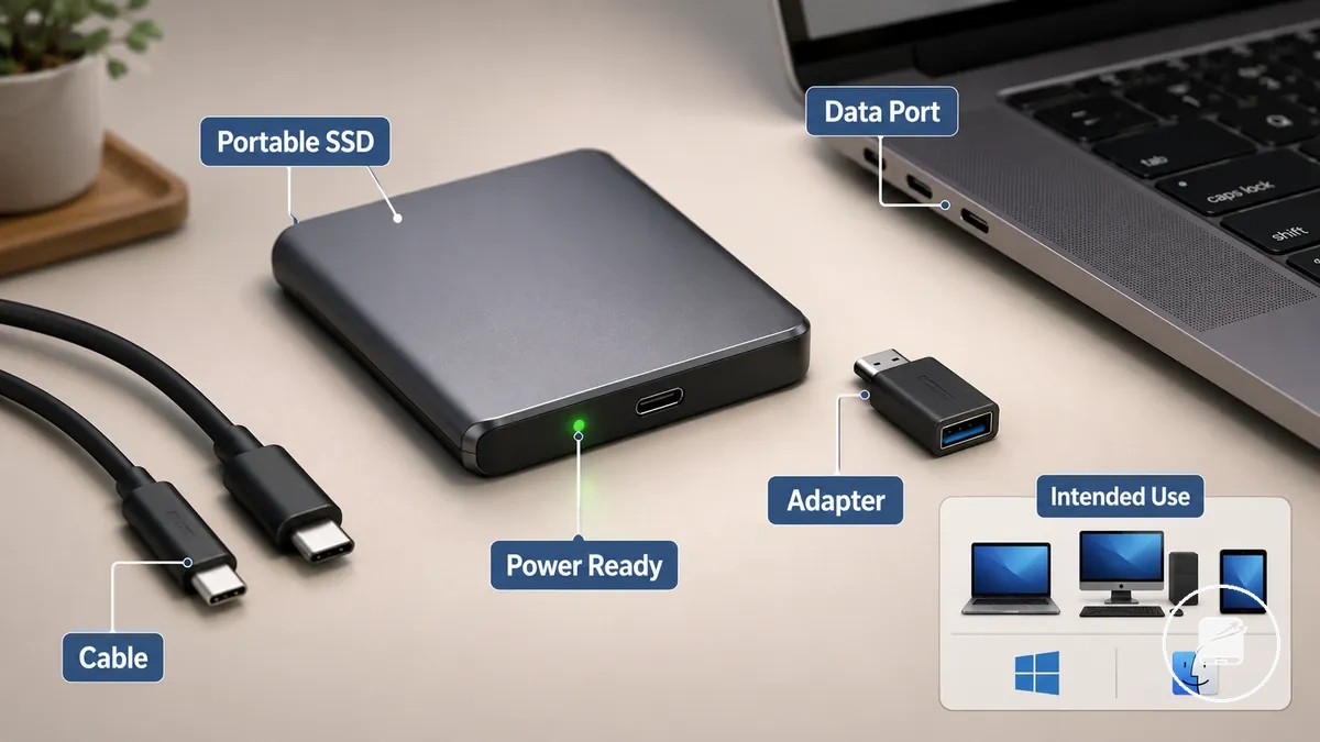 Portable SSD cable and computer port checked before first-time setup