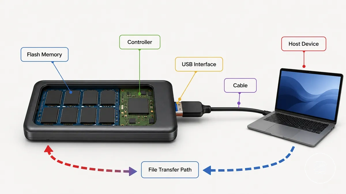 Diagram showing flash memory controller USB cable and device connection in a portable SSD