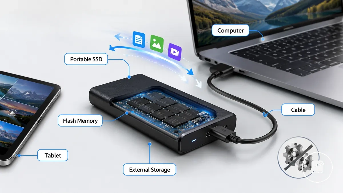 Portable SSD with cable connected to a laptop showing external file storage