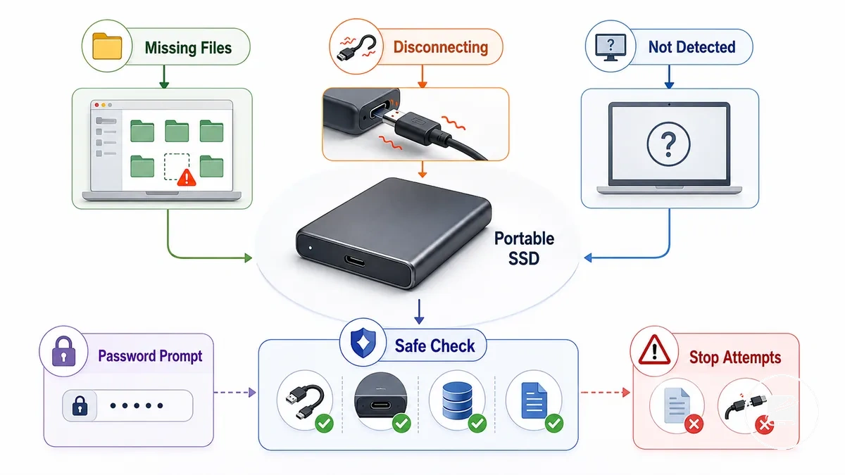 Descriptive image of failure symptoms that change the recovery path for portable SSD recovery