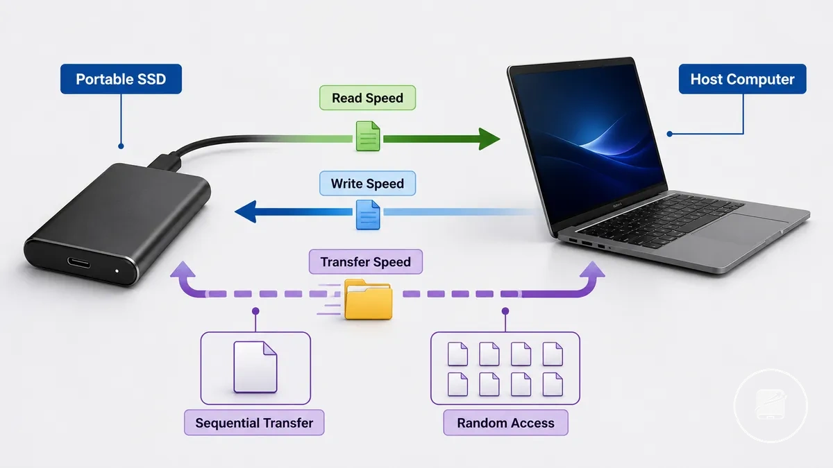 Comparison of read, write, and transfer paths between a portable SSD and a host computer