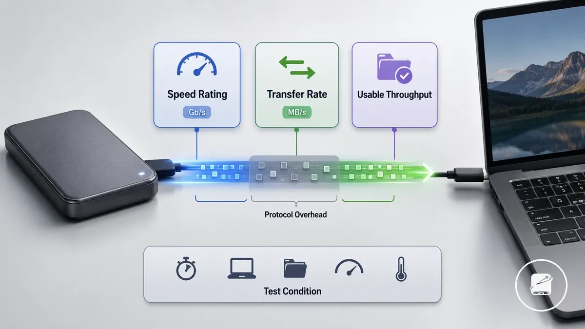 Comparison of speed rating, transfer rate and usable throughput for portable SSD performance