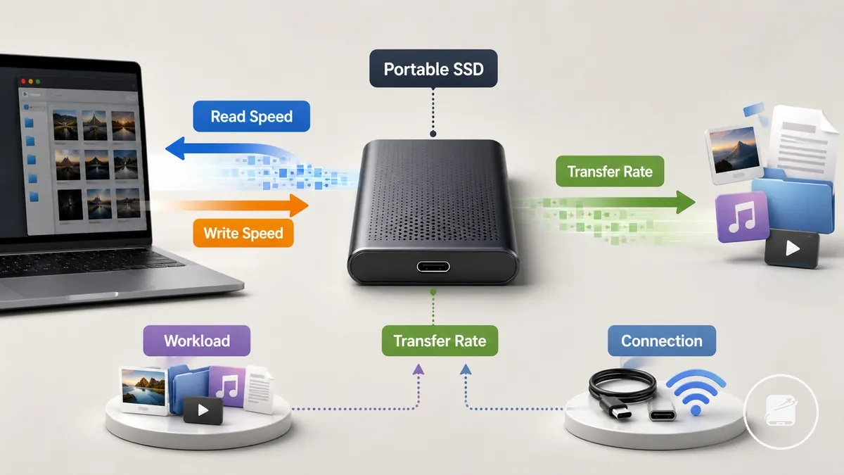 Portable SSD read and write transfer rates under different workload and connection conditions