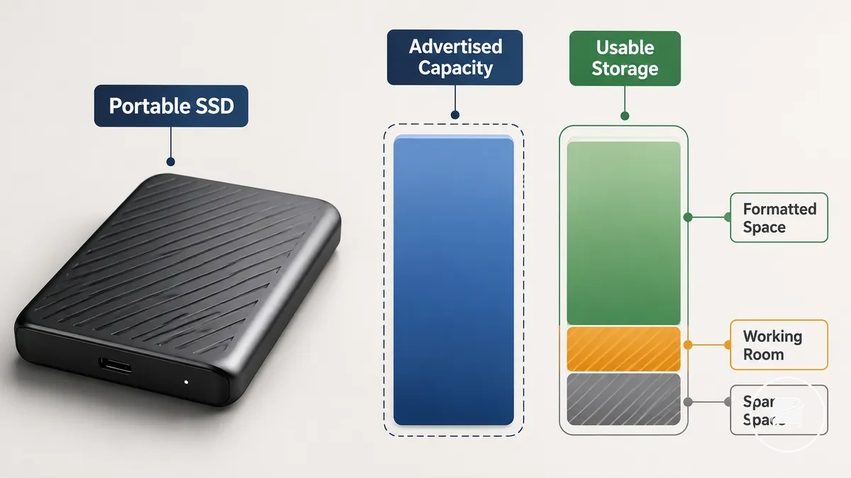 Diagram showing portable SSD advertised capacity compared with usable storage planning space
