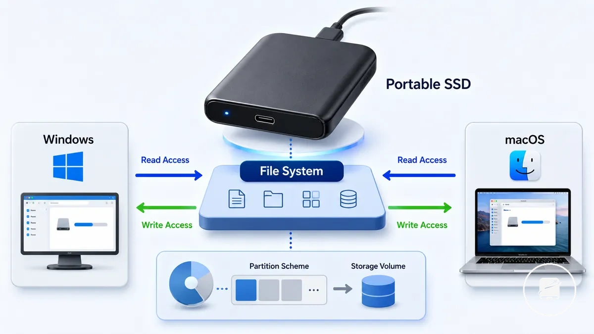 Portable SSD file system diagram showing compatibility between Windows and Mac