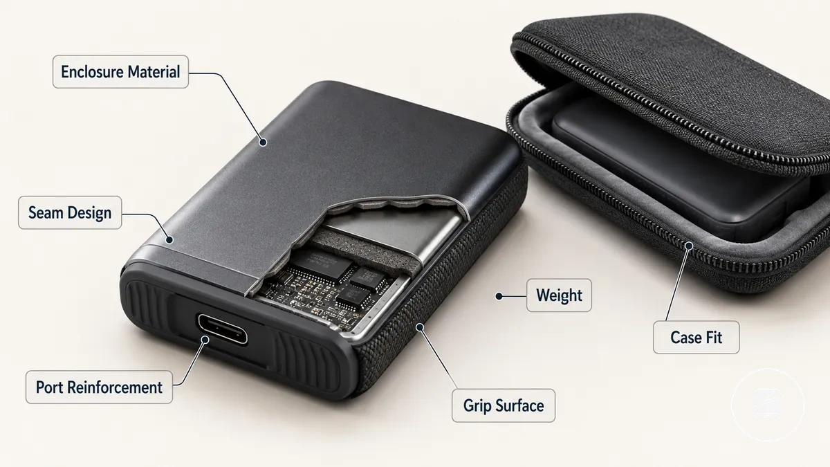 Annotated portable SSD showing enclosure material, seam, port, and grip features that affect durability