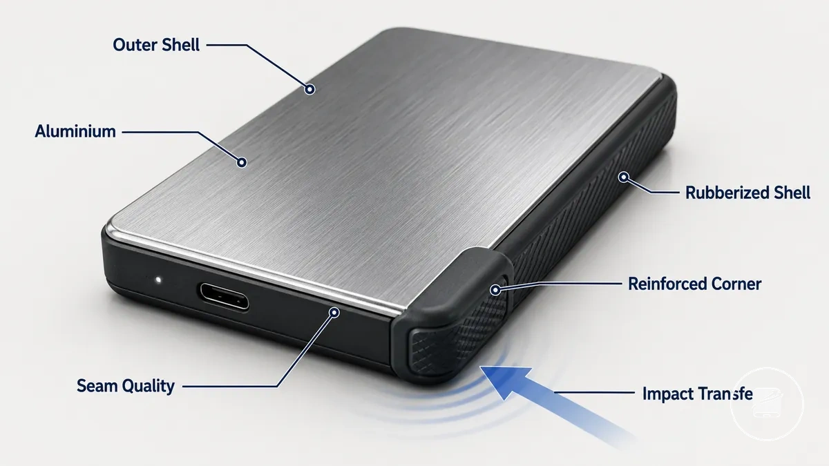 Annotated portable SSD outer shell showing material, seam, and reinforced corner details