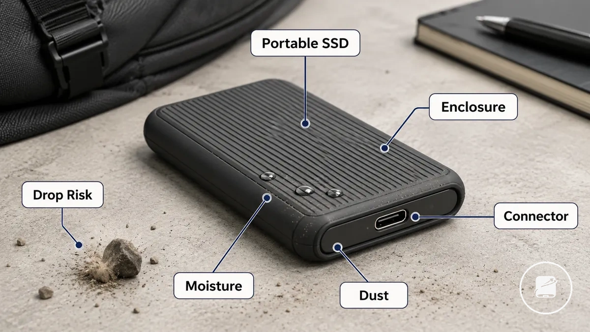 Portable SSD showing casing, connector, and protection areas related to durability