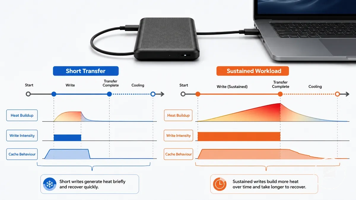 Comparison graphic showing short and sustained portable SSD transfers with different heat buildup and recovery patterns