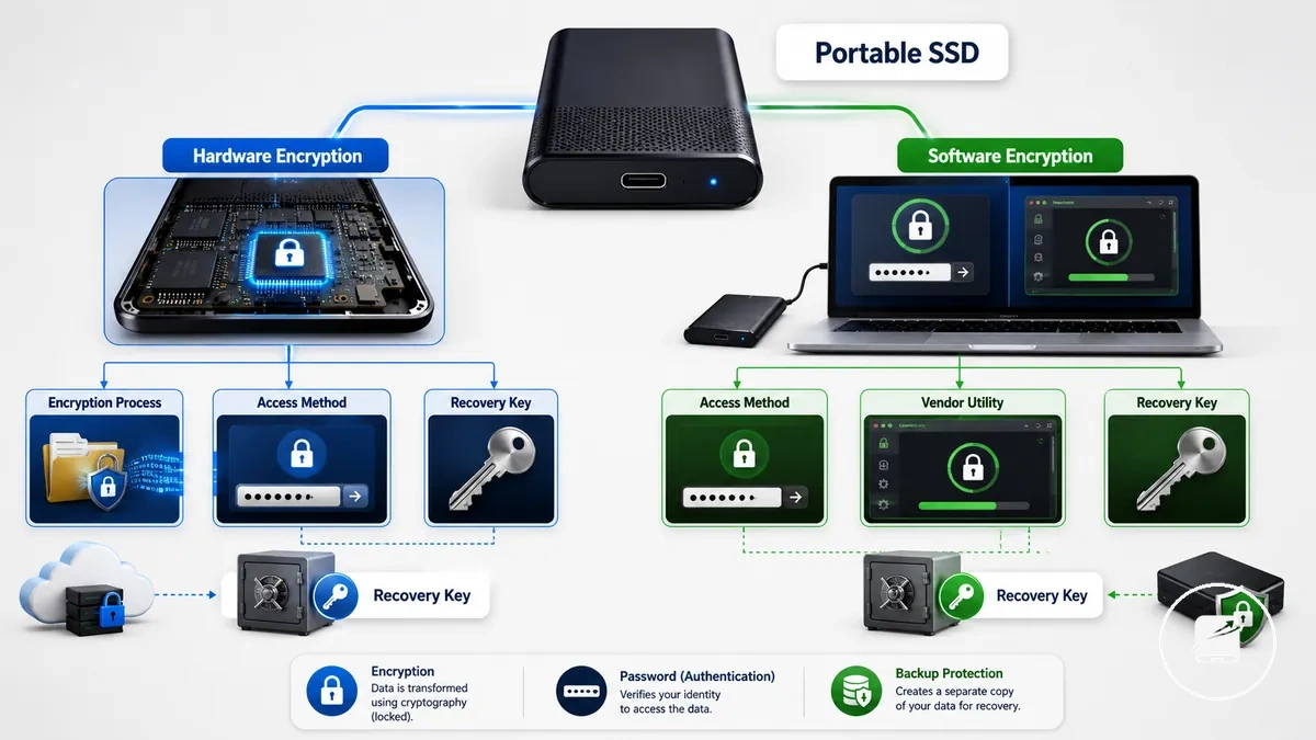 Diagram comparing hardware and software encryption methods for portable SSDs