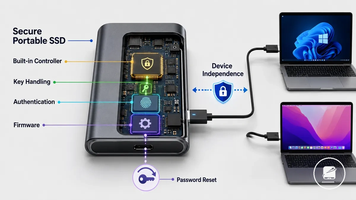 Annotated diagram of a secure portable SSD showing its built-in encryption controller and security functions
