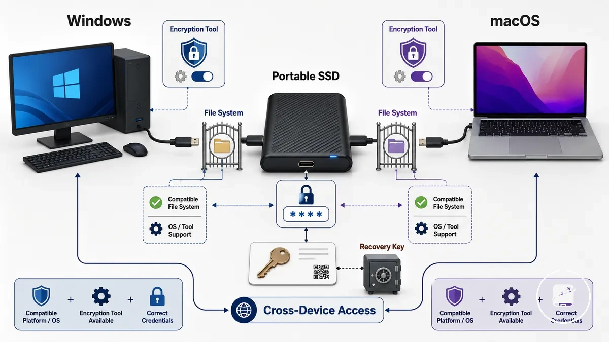 Annotated portable SSD connected to Windows and macOS showing software encryption, password, and recovery key