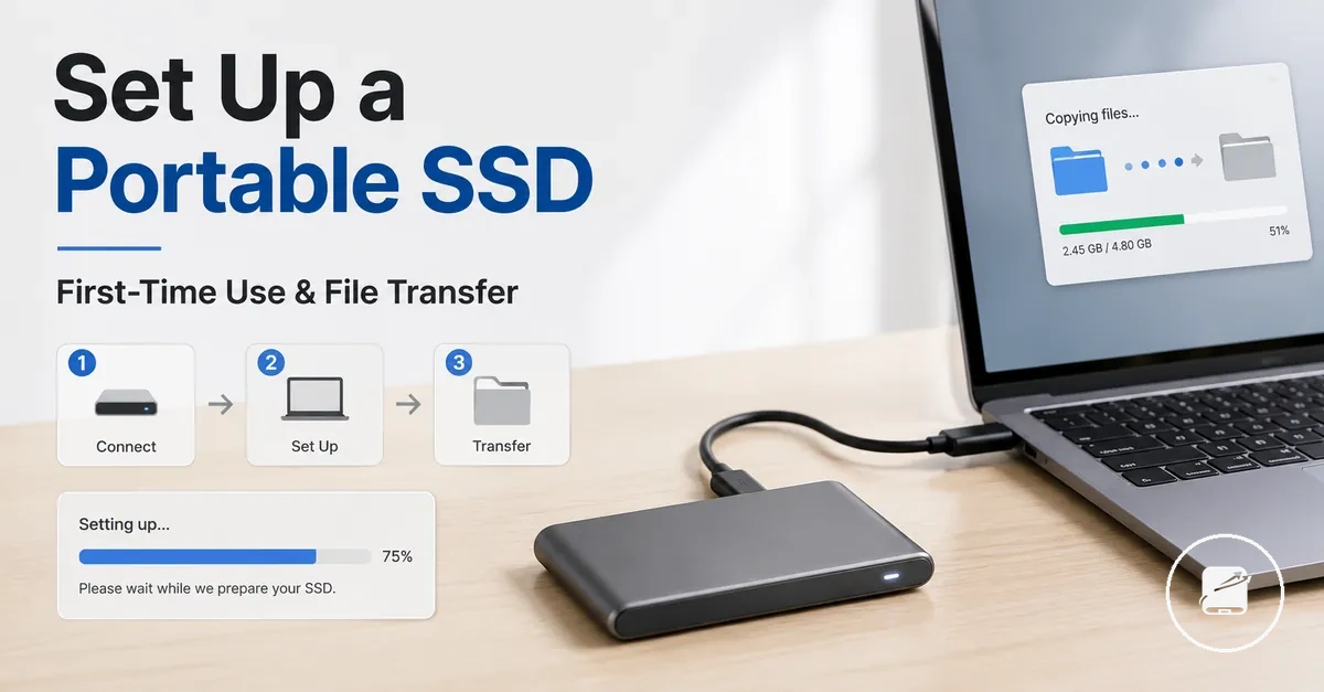 Portable SSD connected to a computer for first-time setup and file transfer