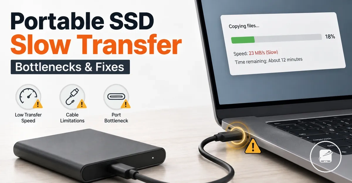 Portable SSD transferring files slowly with cable and port bottleneck context