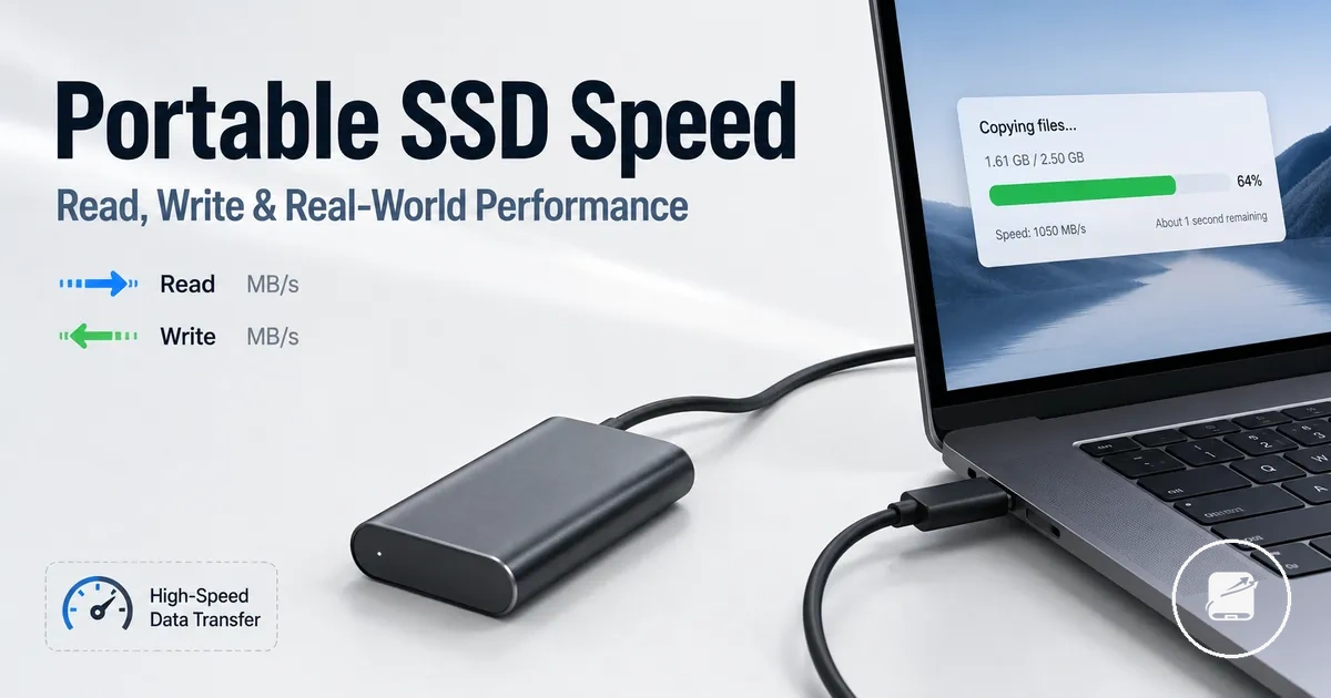 Portable SSD connected to a laptop during a file transfer speed test
