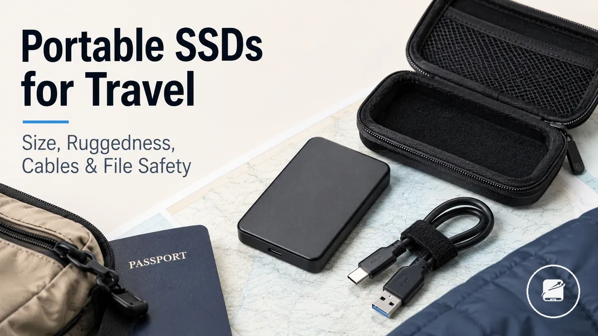 Portable SSD packed with cable and protective case for travel storage