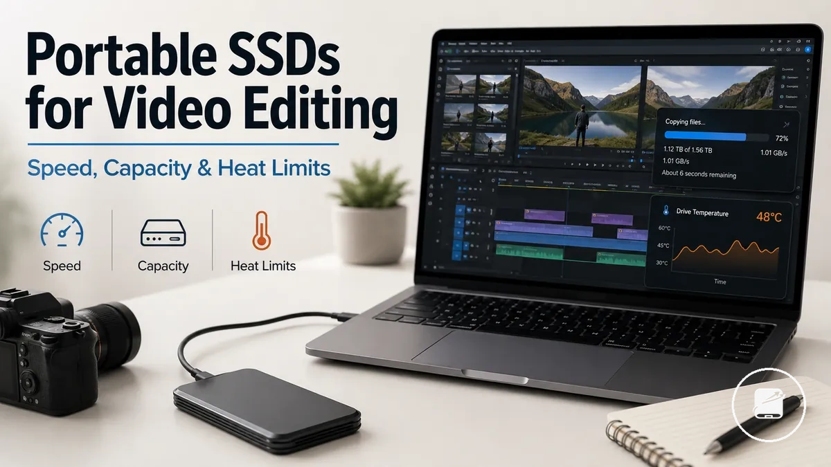 Portable SSD connected to a video editing workstation during media file transfer