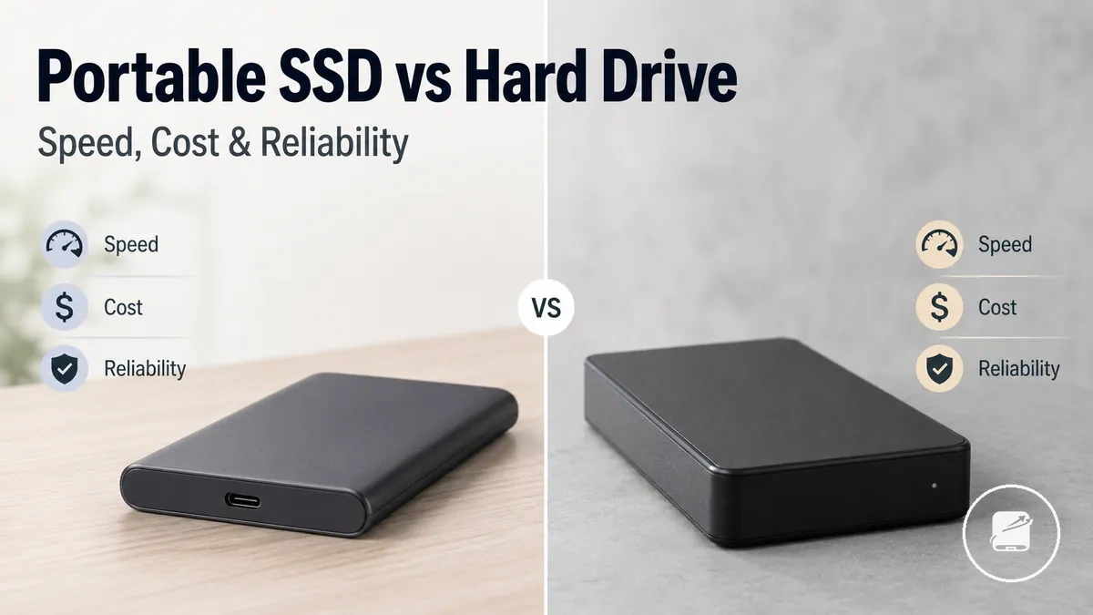 Portable SSD and external hard drive placed side by side for storage comparison