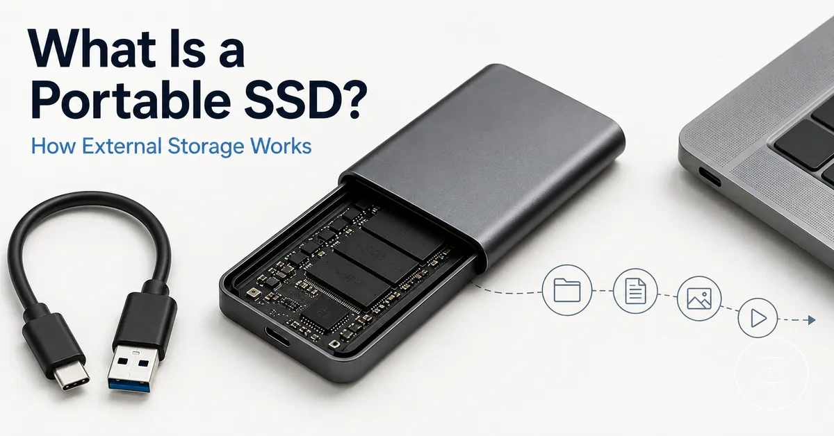 Portable SSD opened beside a cable and device to show how external storage works