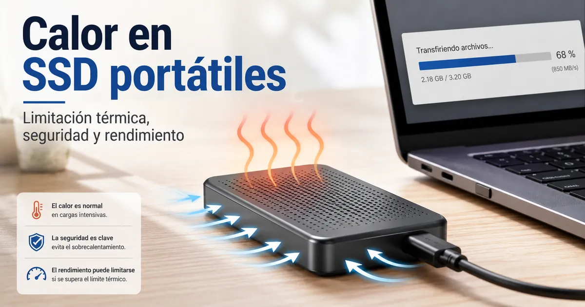 SSD portátil sobre una mesa durante una transferencia pesada de archivos, con calor y ventilación visibles