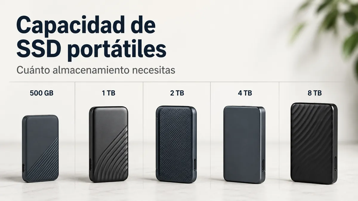SSD portátiles con distintas etiquetas de capacidad colocados para comparar almacenamiento