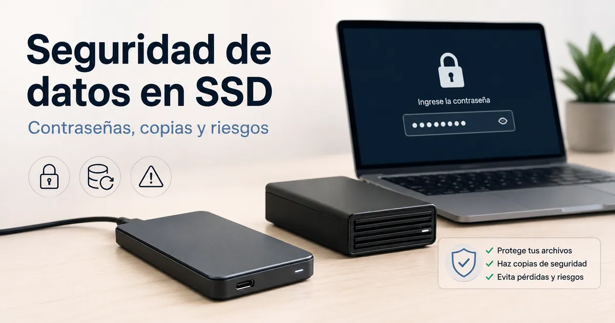 SSD portátil seguro con protección por contraseña y unidad de copia de seguridad sobre una mesa