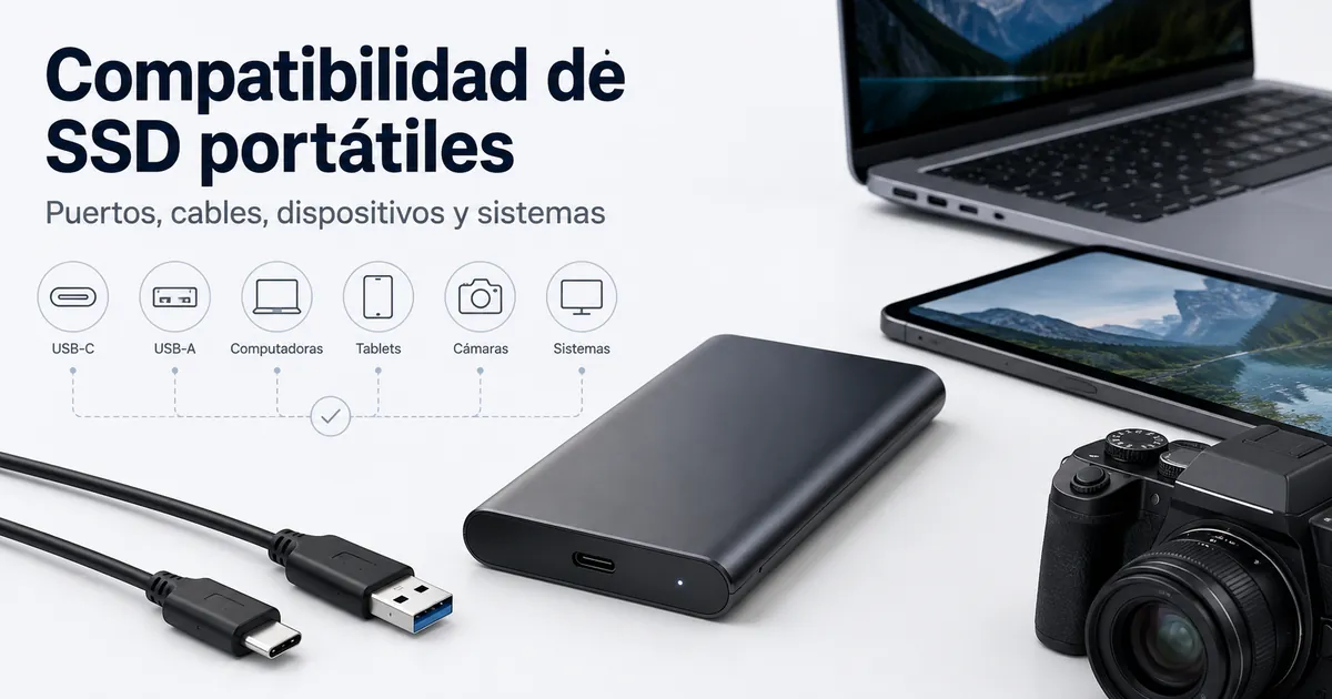 SSD portátil con cables USB-C y USB-A junto a dispositivos compatibles