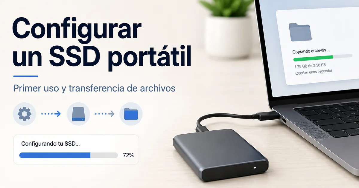 SSD portátil conectado a un ordenador para la configuración inicial y transferencia de archivos