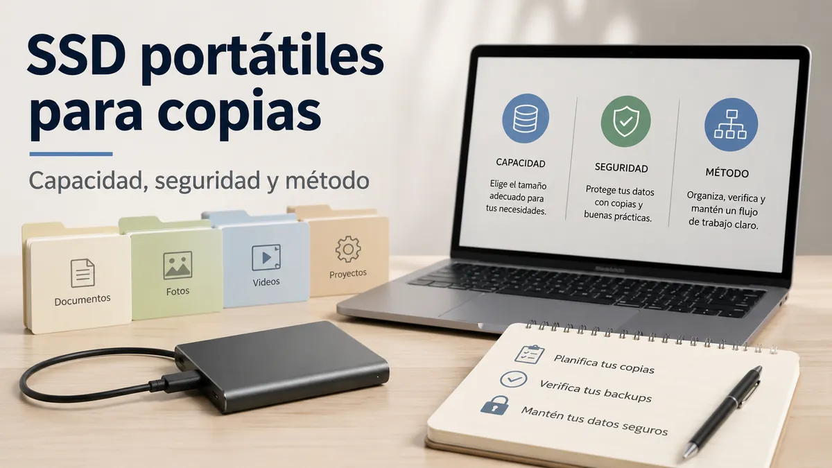 SSD portátil usado como unidad de copia de seguridad junto a carpetas organizadas y un portátil
