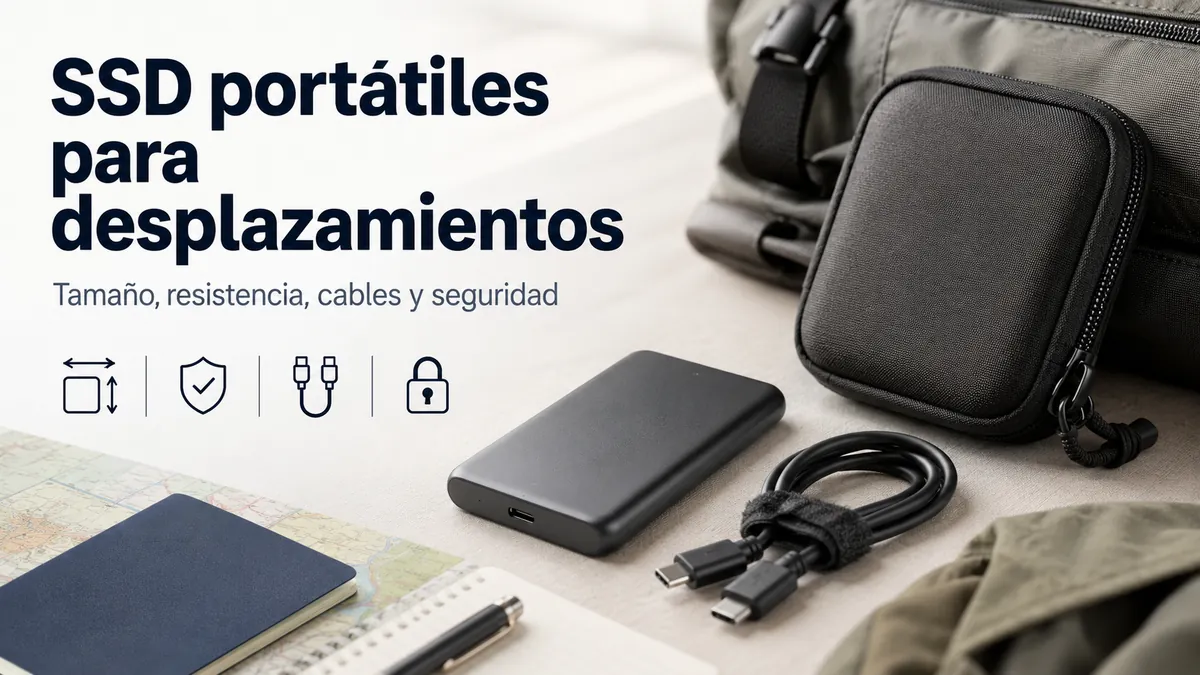 SSD portátil guardado con cable y funda protectora para llevarlo fuera de casa