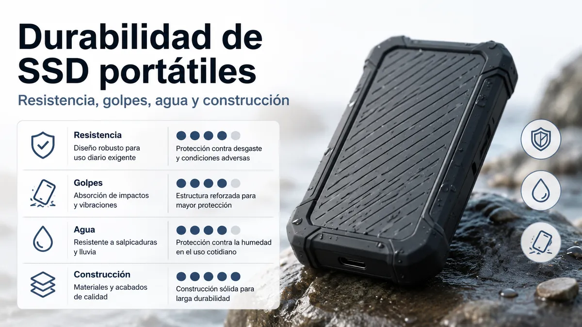 SSD portátil resistente con carcasa protectora y detalles de diseño frente al agua