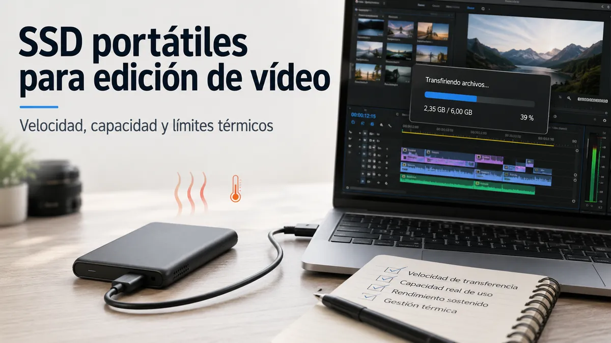 SSD portátil conectado a una estación de edición de vídeo durante una transferencia de archivos multimedia