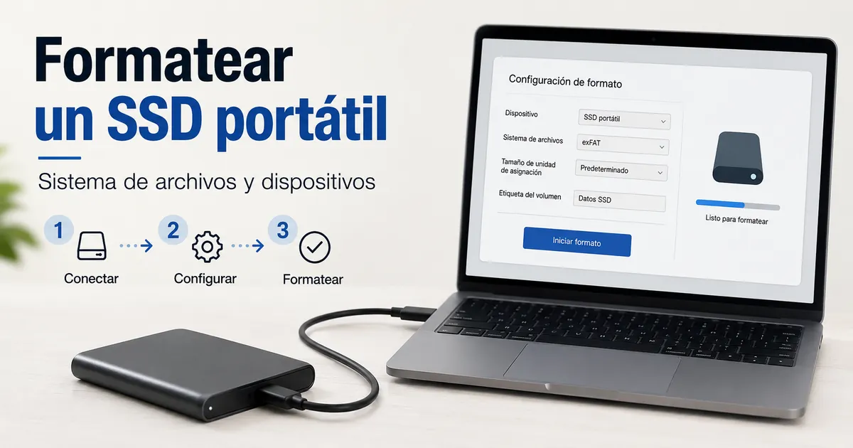 SSD portátil conectado a un ordenador con una pantalla de formateo y sistema de archivos