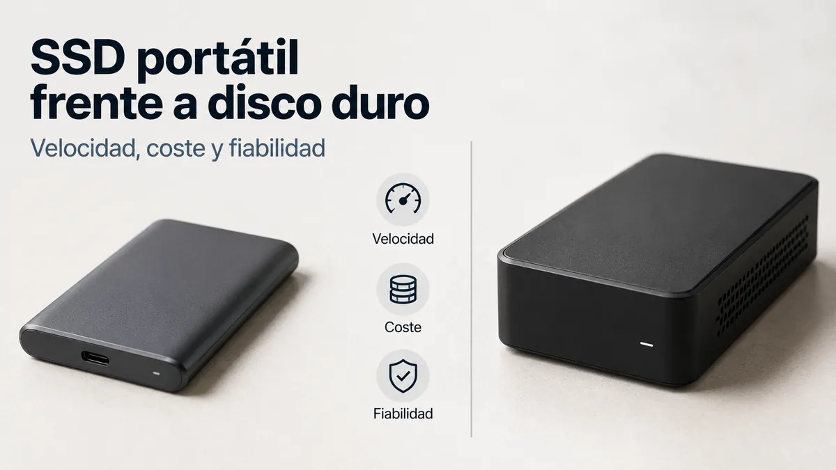 SSD portátil y disco duro externo colocados juntos para comparar opciones de almacenamiento