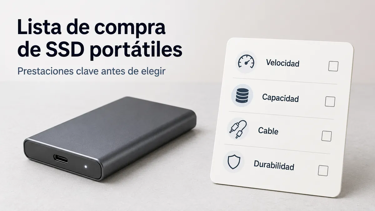 Lista de compra de SSD portátiles con criterios de velocidad, capacidad, cable y durabilidad