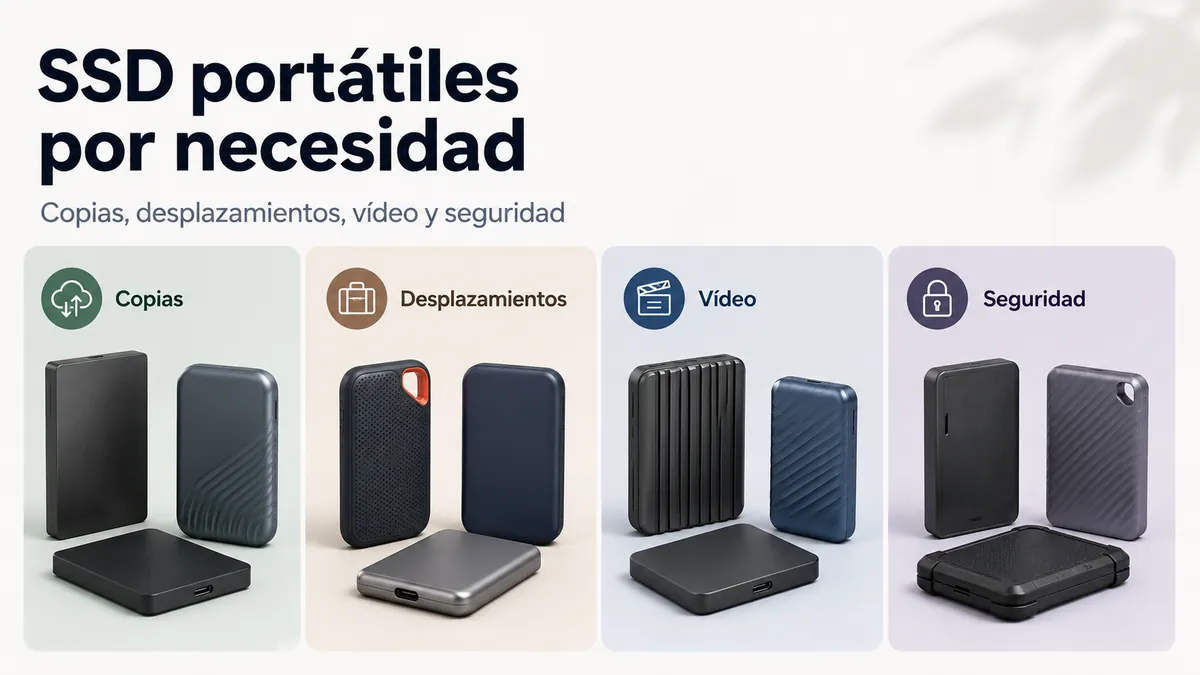 Distintos tipos de SSD portátiles organizados por copias de seguridad, desplazamientos, edición de vídeo y seguridad