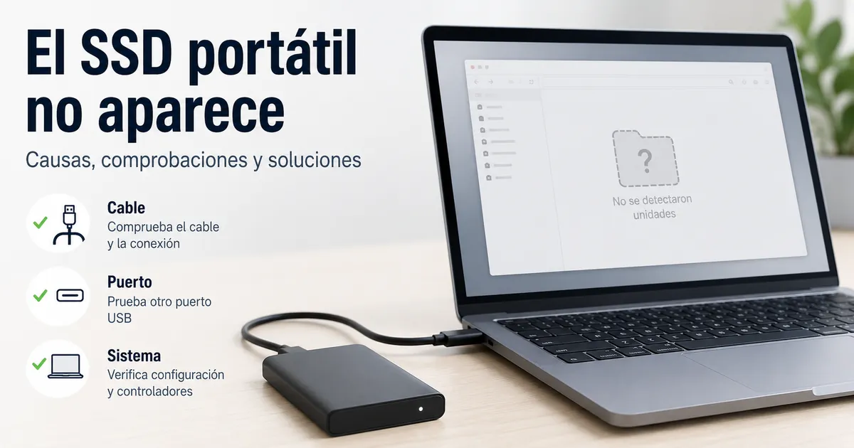 SSD portátil conectado a un portátil mientras la unidad no aparece en pantalla